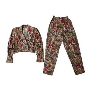 Vtg LaBelle Tropical Safari Hawaiian Jungle Cropped Jacket High Waist Pant Set M